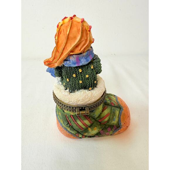 Green Whimsical Patchwork Glittery Holiday Resin Snowman Trinket Box - Picture 3 of 7